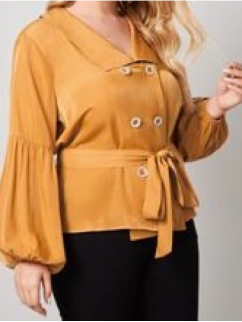 SHEIN Mustard Double-Breasted Tie-Waist Peplum Blouse